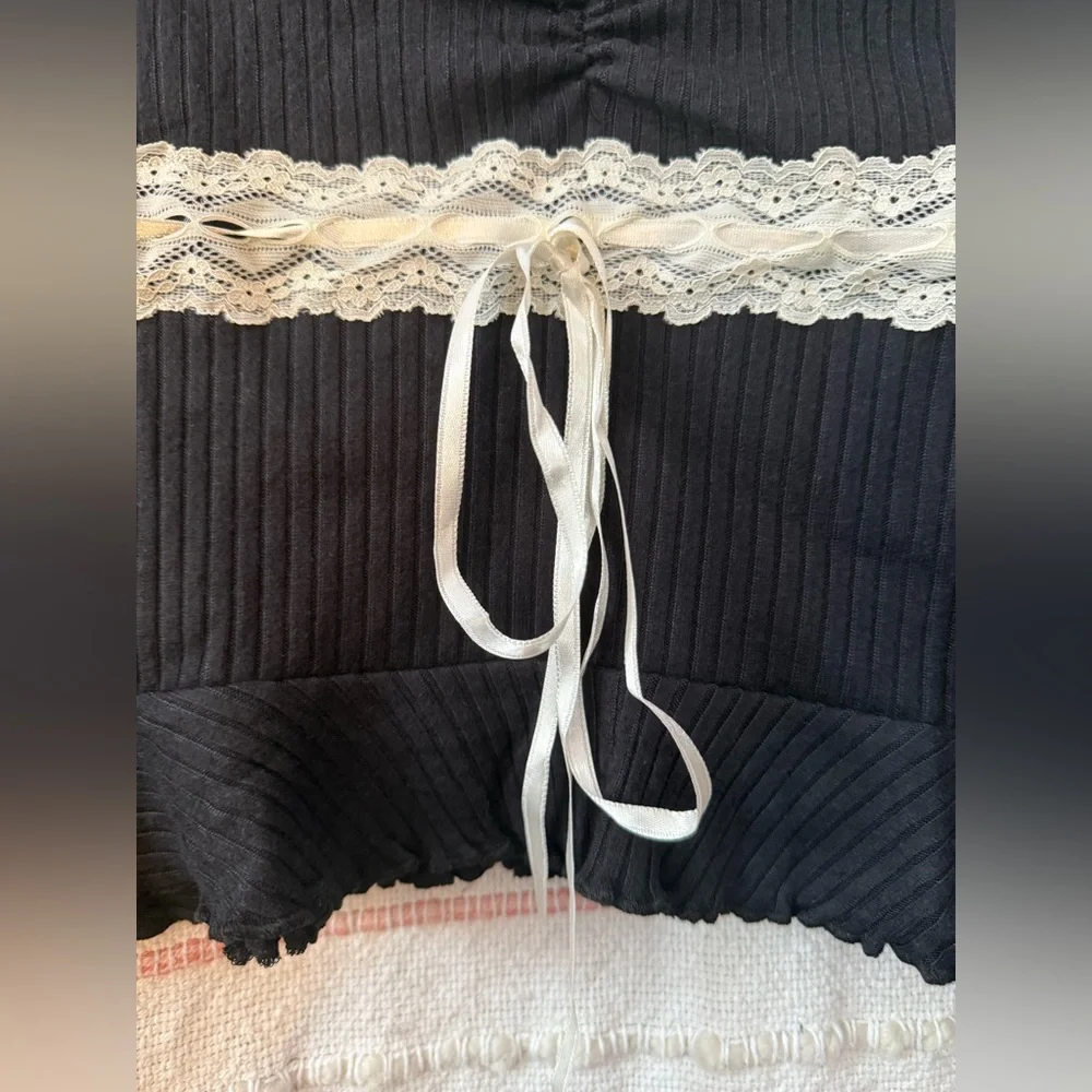 Urban Outfitters Kimchi Blue Black Crop Top with White Lace Detail - Size Medium